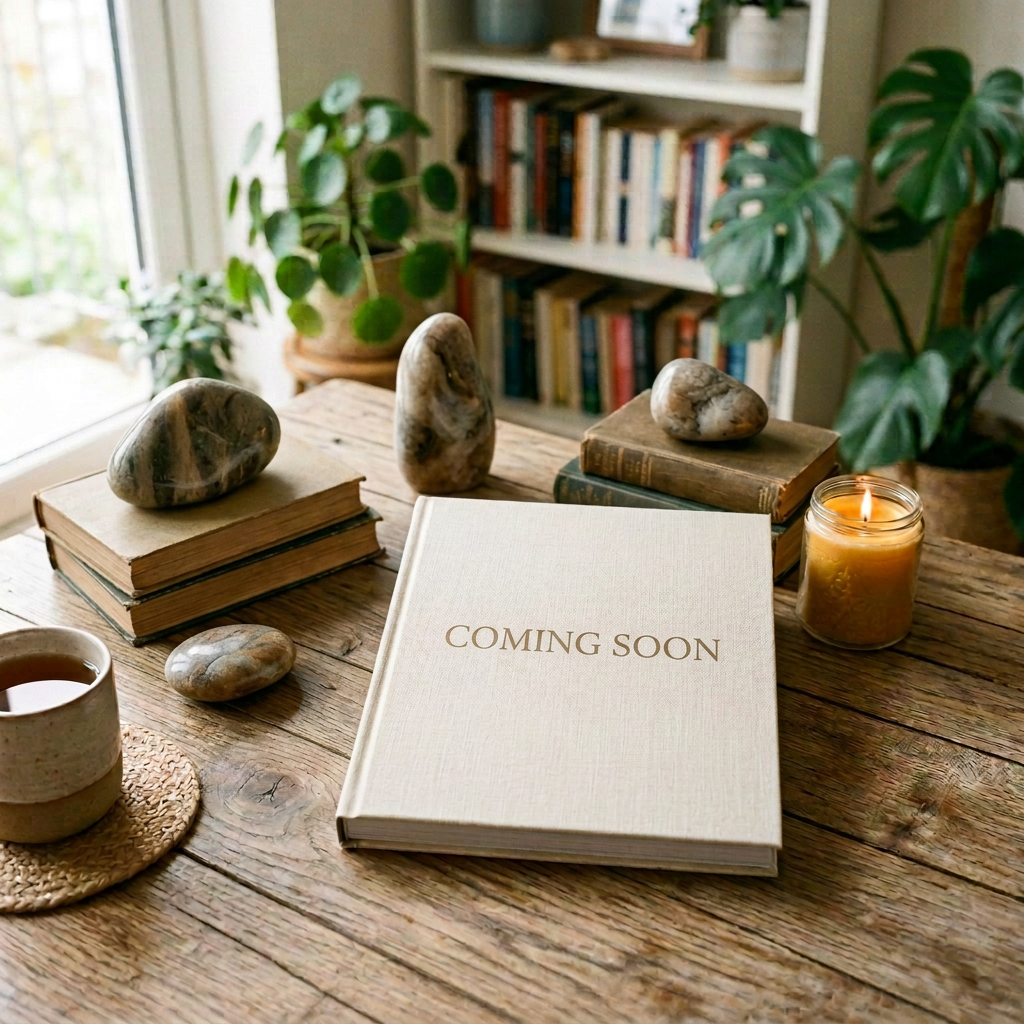 Book titled 'Rooted in Growth' by Eliza Reed surrounded by potted succulents, a lit candle, and a cup of tea on a wooden table
